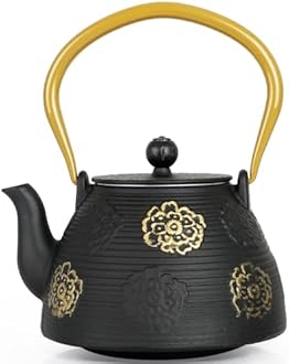Ufine Cast Iron Teapot with Infuser for Loose Leaf Tea Japanese Style Tea Kettle for Stove Top, Enameled Interior Sakura Design (Black,40oz/1200ml)