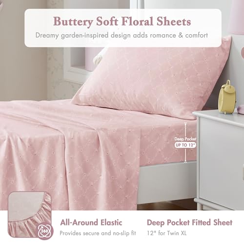 Image of Madison Park Essentials Adele Comforter Set Pink Floral Twin XL - Shabby Chic Vintage Bed in a Bag with Sheet Set, Reversible Ruffle Bedding, College Dorm Gift for Her Women Teen
