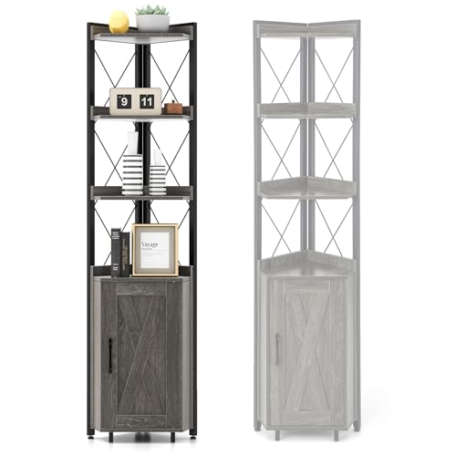 HOMASIS Scaffale ad Angolo, Mobiletto Angolare a 4 Ripiani e Armadietto, Portaoggetti di Legno, Mensola Industriale in Soggiorno, Studio, Cucina, Camera da Letto, 32 x 180 cm (Grigio Scuro)