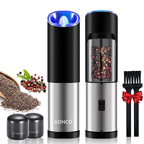 AONCO Elektrische Salz und Pfeffermühle Set, Pfeffer und Salzmühle Gewürzmühle Einstellbare Grobheit, Einhandbedienung, Batteriebetriebene mit Blau LED Licht, Reinigungsbürste, Weinverschluss - 2 Pack Cover
