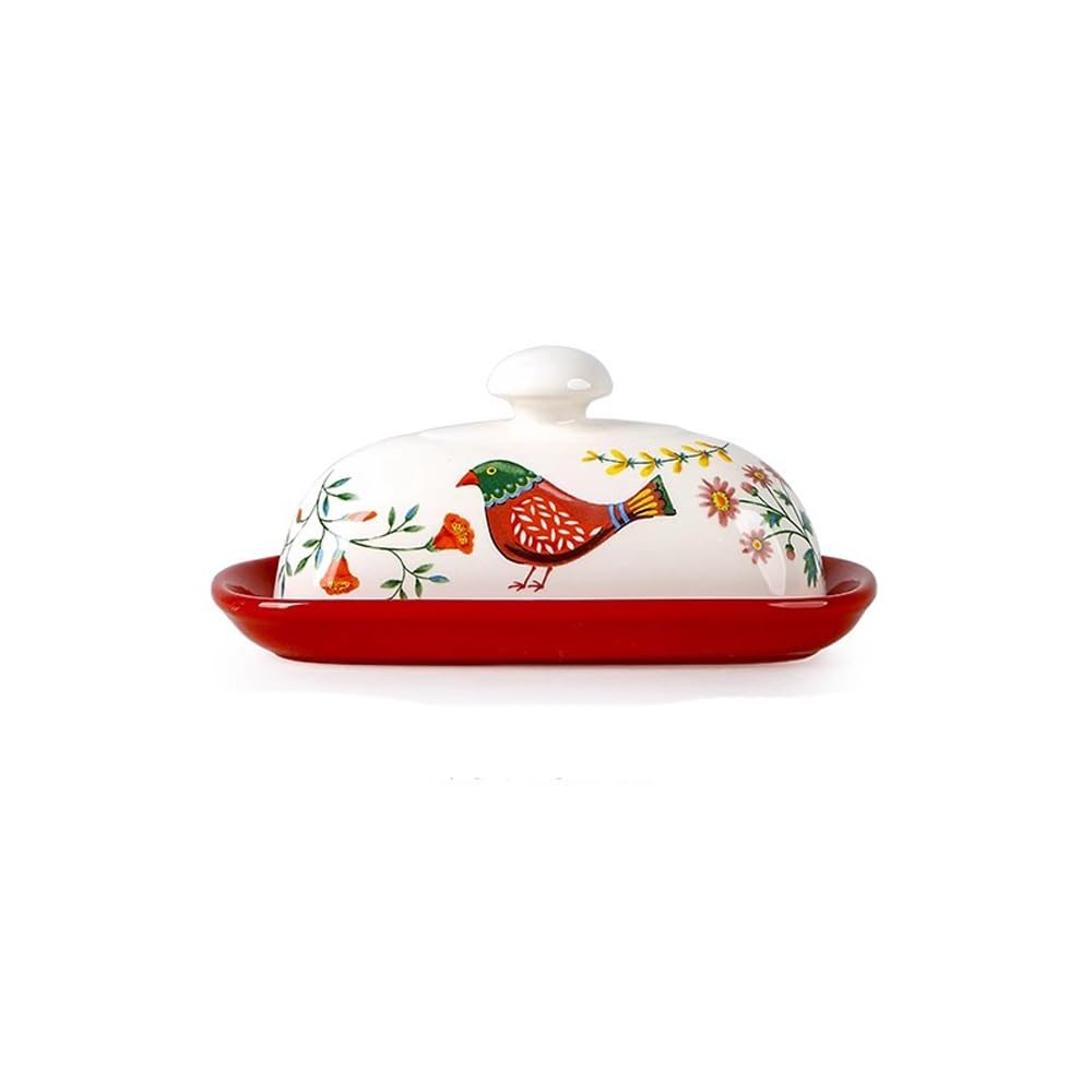 HPTHLY Butter Dish American Butter Box Creative Ceramic Dish With Lid Small Tray Dessert Dish Underglaze Color Oval Dish Butter Container (Red)