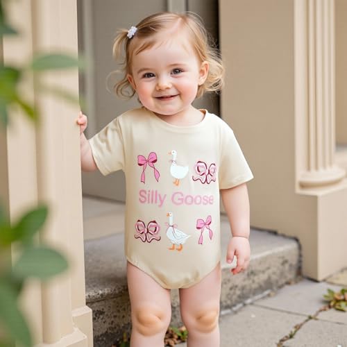Summer Clothes Newborn Baby Girl Short Sleeve Bubble Romper Bow Goose Printed Bodysuit Top2