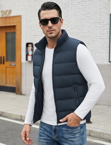 Image of WHN Men's Casual Puffer Vest Lightweight Full Zip Up Work Sleeveless Jacket Stand Collar Outerwear with 3 Pockets