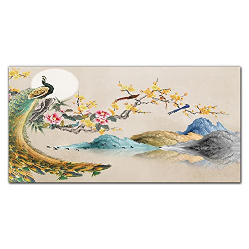 Tableau en verre acrylique incassable 100x50 cm fleurs de montagnes paon pour mur terne