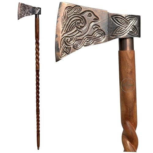 ALIXPRTCMP Bastón decorativo de latón antiguo hecho a mano con hacha vikinga tallada de madera con mango de cabeza de hacha de aluminio, bastón plegable de 36 pulgadas para hombres y mujeres, artículo