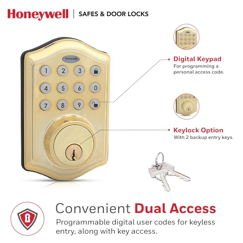 Honeywell Safes & Door Locks - Keyless Entry Door Lock with Smart Electronic Keypad Deadbolt - Easy Installation & 50 Different User Pin Codes - Auto Lock - Polished Brass - 2.9 x 2 x 6.2 in - 8712009