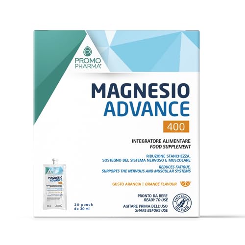 Magnesio Advance 400 mg – Integratore con Magnesio Bisglicinato e Citrato Pronto da Bere – Per Stanchezza, Affaticamento e Recupero Muscolare – 400 mg per Dose Giornaliera – 20 Pouch da 30 ml