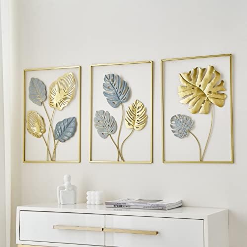 FUNTEREST Gold Metal Wall Art Decor for Living Room, Monstera Leaves Wall Home Decor Set of 3, Room Decor Wall Sculptures Hanging Decorations for Bedroom, Bathroom, Office Decor