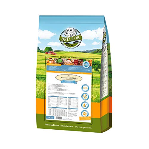 Bellfor Wiesen-Schmaus Junior Kaltgepresstes Trockenfutter für Welpen, Junge und heranwachsende Hunde mit Huhn, getreidefrei. Welpenfutter mit hohem Fleischanteil für große Rassen - 4 kg