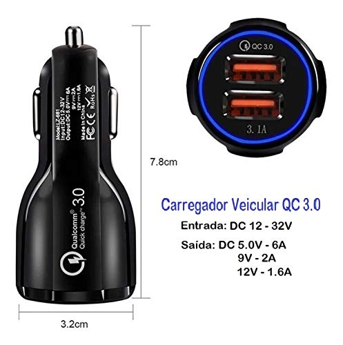 Carregador Turbo Veicular Qualcomm 3.0 Nova Tecnologia Porta USB Dupla Para Dispositivo Celular Comp