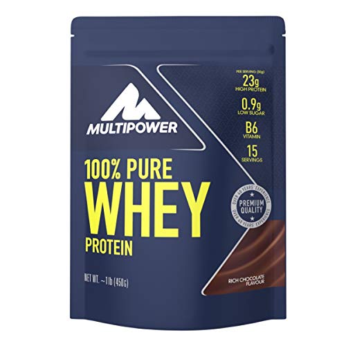 Multipower 100% Pure Whey Protein  wasserlösliches Proteinpulver mit Schokoladen Geschmack   Eiweißpulver mit Whey Isolate als Hauptquelle  Vitamin B6 und hohem BCAA-Anteil  450 g