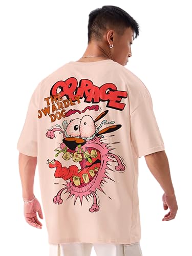 Image of Darkbuck Oversized Tshirt for Men and Women Drop Shoulder Loose Baggy Fit Peach Unisex Pure Cotton T-Shirt Courage The Cowardly Dog