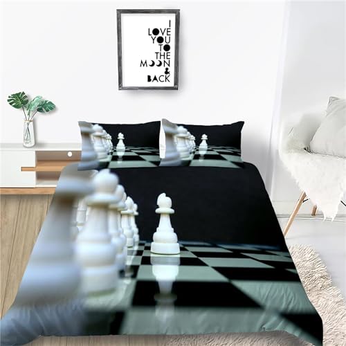 Funda Nordica Cama 90 Tablero de Ajedrez Internacional Ropa de Cama Tablero de Damas Microfibra Suav Funda Edredon 150x200, Funda Nórdica Tablero de Damas y 2 Funda de Almohada 50x80 cm, d8020