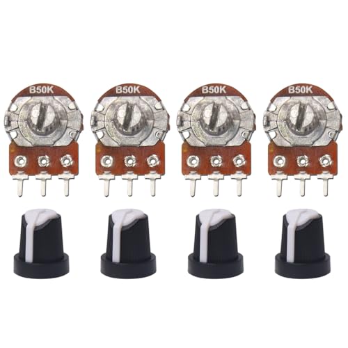 Image of Electronic Spices 50k 3 Pin 14mm Long Round Shaft Rotary Potentiometer Volume Pot 50K with Knob for Multiple Applications (Pack of 4)