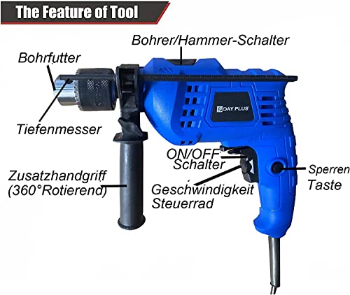 850W Schlagbohrmaschine Bohrmaschine, 2 in 1 Hammer & Schlagbohr, mit Drehgriff, variable Drehzahl, Bohren in Holz, Stahl, Beton, Mauerwerk – Bild 3