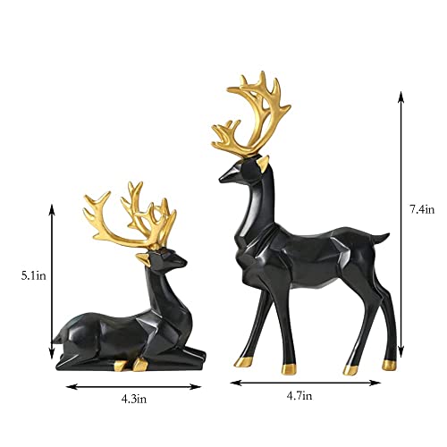 2Pcs 3D Geometric Elk Resin Statue, Seated And Standing Elegant Lucky Deer, Luxurious Simple Style Ideas, Suitable For Living Room, Wine Cabinet, Display Stand, Bedroom, Office Desktop (Black Elk) #TOP2
