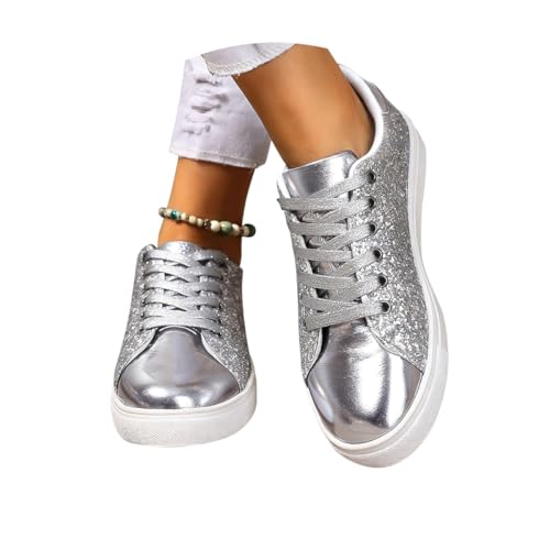 shownicer Baskets Paillettes Femme Léger Plat Chaussures Confortables Sneakers Sport Fitness A Argenté 37