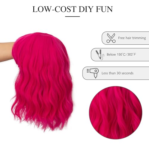 Image of Rose bud Wavy Bob Wig with Bangs Natural Hot Pink Wig Synthetic Hair Shoulder Length Short Curly Wigs for Women