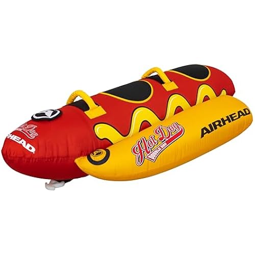 Airhead Hot Dog Towable Tube for Boating, 1-5 Rider Inflatable Boat Tube for Water Tubing, Full Nylon Cover, EVA Padding, Foam Padded Handles w/Neoprene Knuckle Guard, Speed Safety Valve