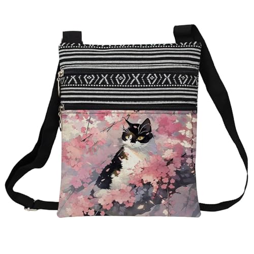 Sakura Cat Messenger Bag Small Ethnic Pattern Printed Adjustable Strap Crossbody Zipper Bag Sakura Cat Phone Bag Wallet Cute Shoulder Handbag for Women