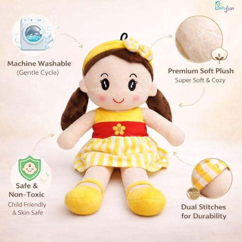 Image of Cute Soft Baby Doll Plush for Kids | Plush Stuffed Toy Doll for Girls & Boys | Super Soft Cuddly Hug Toy Doll | Washable Plush Doll for Girls - 40 CM (Yellow)
