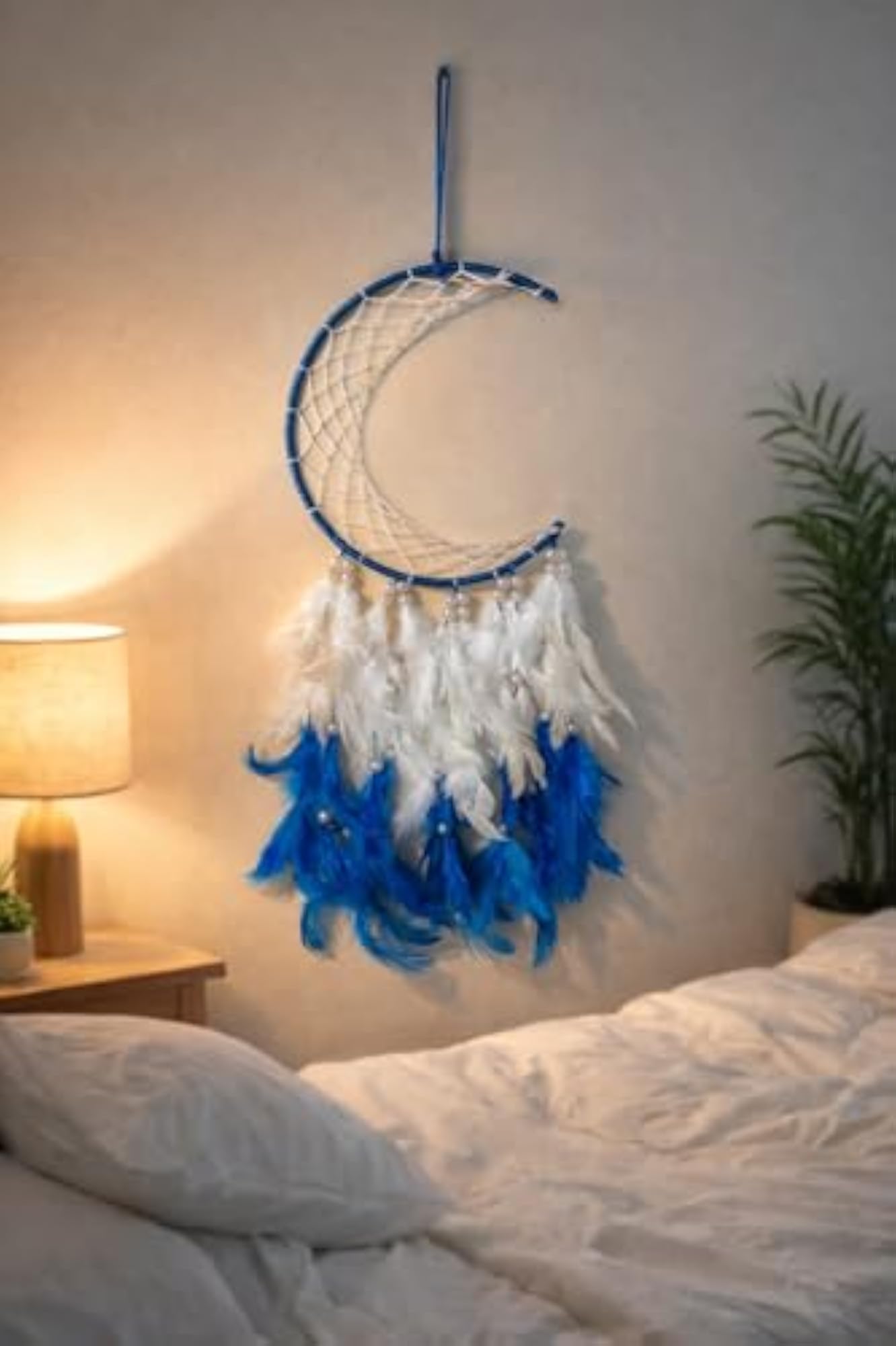 Blue Crescent Moon Dream Catcher with Feathers