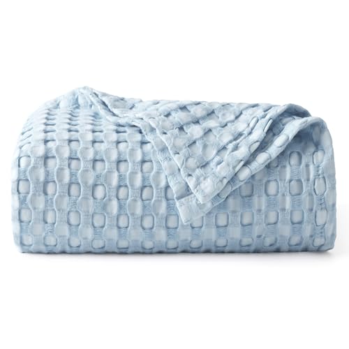 Bedsure Cooling Cotton Waffle Twin XL Blanket - Lightweight Breathable Blanket of Rayon Derived from Bamboo for Hot Sleepers, Luxury Throws for Bed, Couch and Sofa, Blue, 66x90 Inches