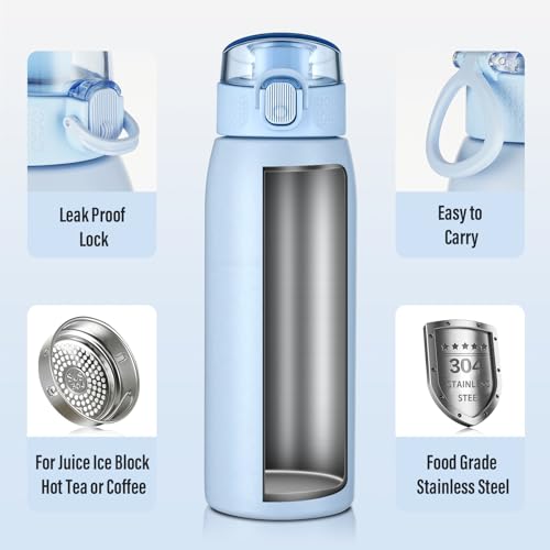 Image of Insulated Water Bottle 18 oz with Dustproof Lid, Carry Handle & Tea Infuser, BPA-Free & Leakproof, Stainless Steel Water Bottles Ideal for Fitness, Hiking, Office & Outdoor Use (Light Blue)