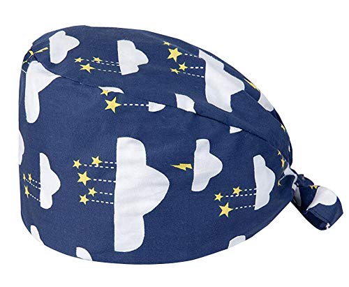 RYZGOJV Adjustable Cotton Scrub Cap Tie Back Nurse Hat Medical Doctor Cap-Clouds