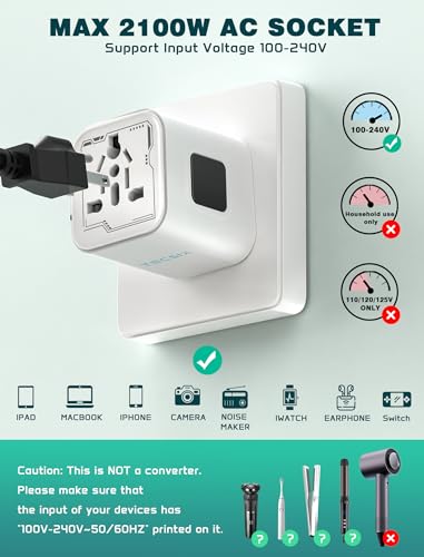 Image of Universal Travel Adapter Worldwide, TECSIX Compact Travel Power Plug Adapter (Type A C G I), 2500W Internetional Wall Charger Outlet Adaptor to Europe, India, UK, US, AUS, Asia 200+ Countries