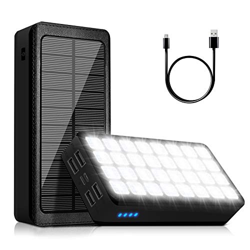 Solar Charger Power Bank 30000mAh, Portable Phone Charger, 32 LEDs Flashlight, 4 Output Ports & 2 Input Ports, Compatible with Smartphone, Tablet, Earphone, for Camping, Hiking, Trip