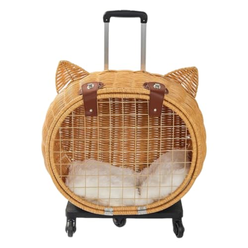 Caja de transporte transpirable de ratán con ruedas para gatos y perros
