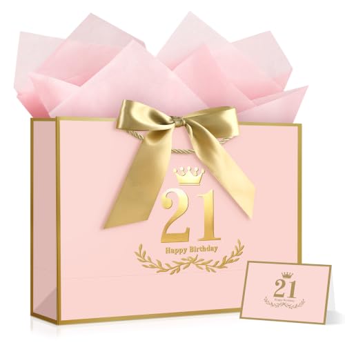Image of JMANNI Pink Gold 21st Birthday Gift Bag with Card and Tissue Paper, 14.2 inchx9.84 inchx4.3 inch Large Present Bag for Adults, 21 Year Old Birthday Keepsake Party Supplies