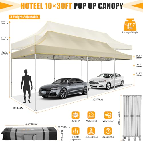 Image of HOTEEL 10x30 Heavy Duty Pop Up Canopy, Commercial Instant Canopy for Party Wedding Event, Waterproof UV 50+ & Windproof Outdoor Tent, Upgraded Thick Hexagonal Legs Tent with Wheeled Bag, Khaki