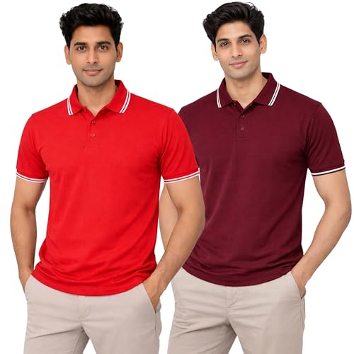 Image of Hangout Hub Men's Polo T Shirt | Solid | Plain Regular Fit Tees|Collar T-Shirts|Half Sleeves|Set of 1 & 2|HH.MP.MAR