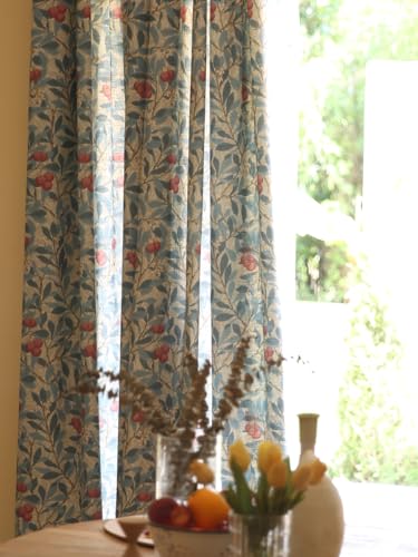 Rideaux bohèmes tamisants anti-regard en coton-lin fleuri 102" pour chambre et salon à œillets