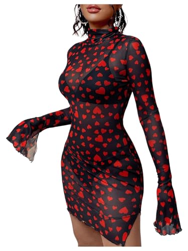 Amazon.com: WDIRARA Women's Heart Print Split Hem Sheer Mesh Bodycon Dress  Mock Neck Long Bell Sleeve Sexy Dresses Black Red X-Small : Clothing, Shoes  & Jewelry