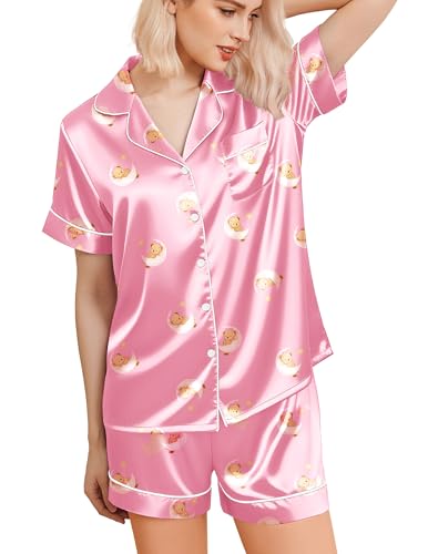 Image of Ekouaer Silk Pajamas for Women Funny Teddy Sleepwear Comfy Short Sleeve Button Down Loungewear Satin Pjs Shorts Set,Pink,XXL