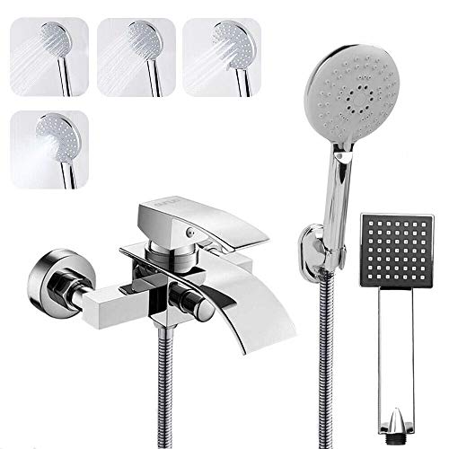 OUNUO Wasserfall Wannenarmatur mit 2 Handbrause, Badewannenarmatur mit 4 Strahlarten + 1 Reinigungsmodus Handbrause, Mischbatterie Badewanne mit Duschschlauch 1,5m, für Bad Badezimmer Dusche