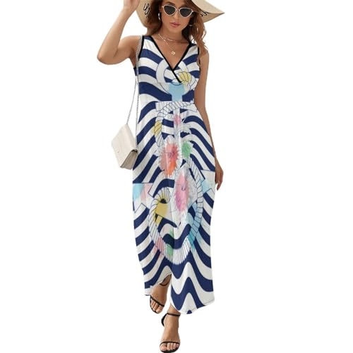 Robe Longue d'Été sans Manches à Imprimé Fleurs à Voile et Col V