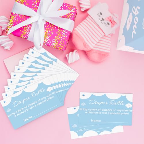 Image of Diaper Raffle Tickets with Card Box, 50 Blue Raffle Tickets and Box for Baby Shower Game, Gender Reveal, Oh Baby Theme Party Decorations