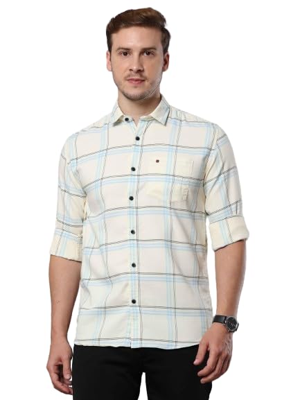 Image of COOL COLORS Men's Cream Slim Fit Cotton Casual Checks Shirt