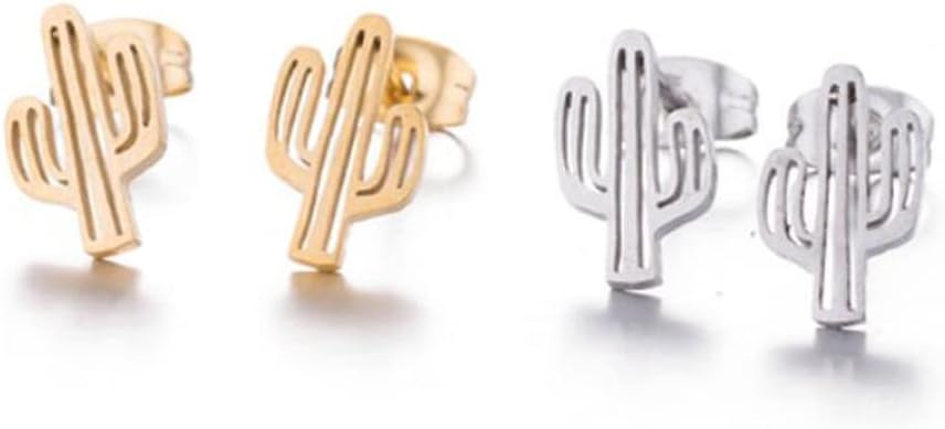 MOKAVIKY 25 2 Pairs Cactus Stud Earrings for Women, Stainless Steel, Modern Stud, Unisex, Gold, Silver