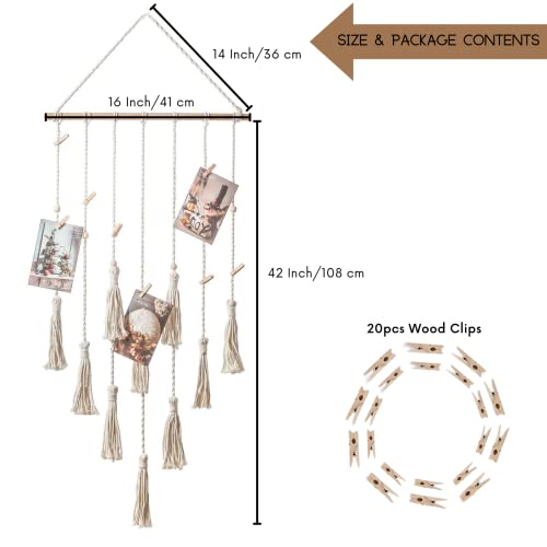 Image of ecofynd Cotton Photo Display Wall Hanging Picture Organizer, Boho Aesthetic Home Decor with 20 Wooden Clips, Bohemian Frame for Bedroom Living Room Decorative Items (BH006)