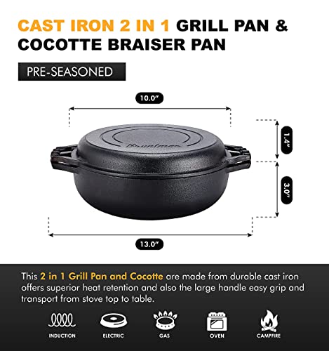 Bruntmor 2-In-1 Pre-Seasoned Cast Iron Dutch Oven With Dual Handles, Cocotte Double Braiser Pan With Grill Lid 3.3 Quarts - Bbq Grill, Fryer - Outdoor Cookware Set With Dual Handles, Camping,- Black #TOP1