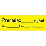 PDC Healthcare AN-24 'Precedex mg/mL' Removable Anesthesia Tape with Date, Time and Initial, 1' Core, 1/2' Width, 500' Length, Yellow