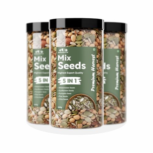 Image of Growfitz 5-in-1 Super Seed Mix | Pack of 3 (500g Each)| 20.5g High Protein & Fiber | Roasted Pumpkin, Sunflower, Flax, Chia, Soy Nuts & Sesame | Healthy Snack | Export Quality Superfood