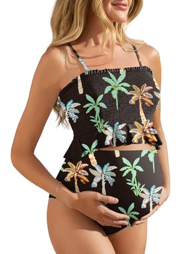 Image of Summer Mae Maternity High Waist Swimsuit Ruffle Hem Bikini Bathing Suit Shirred Bandeau Two Piece Pregnancy Swimwear