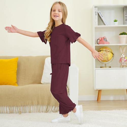 Image of Kids Girls Outfits Ruffle Sleeve T-Shirt Pants Set 2Piece 4-13 Years
