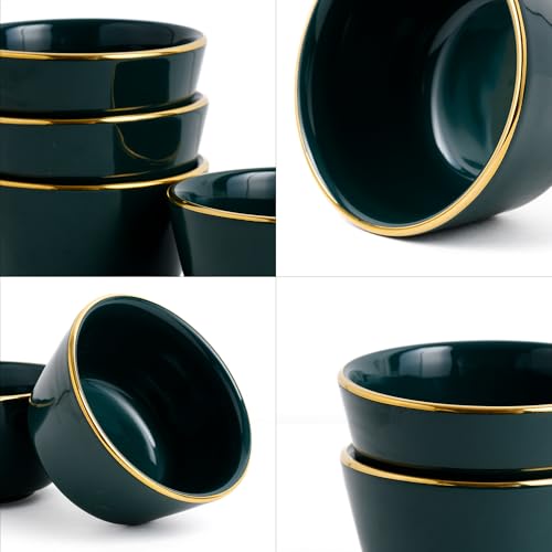 Image of Shay Ceramic Dinner Bowl Set of 4 for Rice, Dal, Salad, Snacks, Fruits & Noodles | Teal with Gold Rim | Microwave Safe Ceramic Serving Bowls for Home, Kitchen & Gifting (Bowl Set of 4 - Teal Gold)